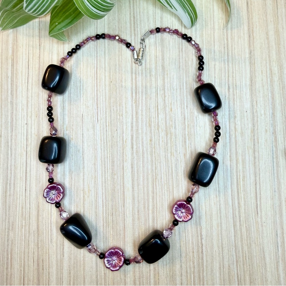 Shungite & Obsidian | Statement Necklace | Czech Glass Hibiscus Flowers